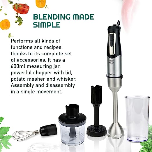Inalsa Hand Blender Robot INOX 1000 Plus-1000 Watt with Chopper, Whisker, Potato Masher, Multipurpose Jar|Variable Speed |2 Year Warranty,(Silver/Black) Inalsa Hand Blender Robot INOX 1000 Plus-1000 Watt with Chopper, Whisker, Potato Masher, Multipurpose Jar|Variable Speed |2 Year Warranty,(Silver/Black)